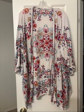 Bila White Open-Front Kimono Jacket with Multicolor Floral Medallions